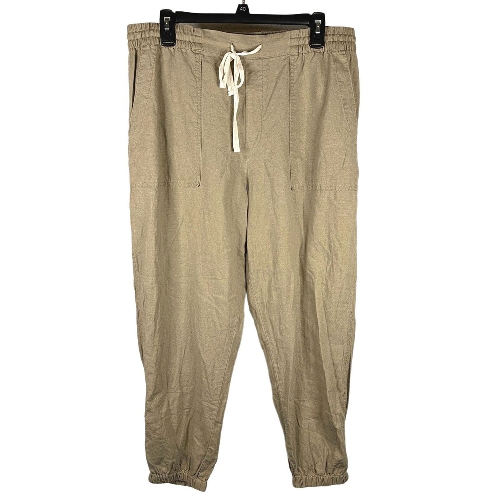 Blank NYC Womens Sz L Trooper Linen High Rise Jogger Pant Pockets Tan Drawstring